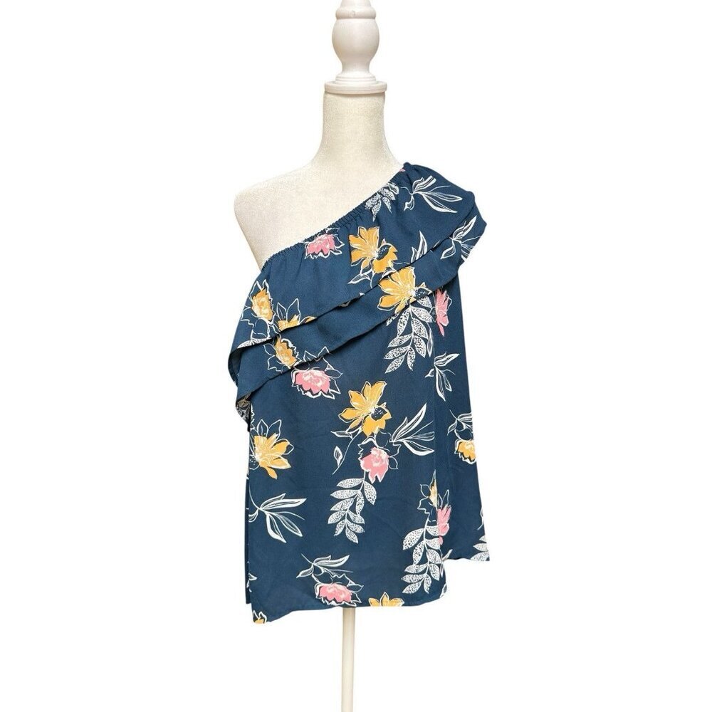 Apt 9 One Shoulder Floral Blouse Blue Pink Asymmetrical Top Size XL